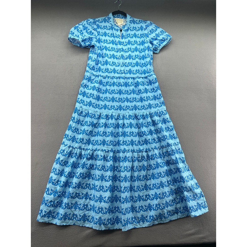 Sail to Sable Dress Womens Small Blue Damask Tiered Maxi Short Puff Sleeve